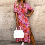 Fashionable Floral Print Deep V Neck Short Sleeve Bodycon Dress for Women Casual Summer Wear