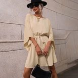 Womens Long Sleeve Dress Round Neck Elastic Waist A Line Skirt Elegant Style for Casual Occasion