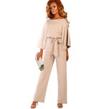 Womens Solid Color Loose Jumpsuit High Waist Tie Belt Three Quarter Sleeve Wide Leg Autumn Fashi