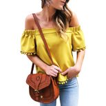 Womens Summer Top Short Sleeve Off Shoulder Fringe Detail Solid Color Casual Wear Wholesale Avai