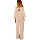 Womens Solid Color Loose Jumpsuit High Waist Tie Belt Three Quarter Sleeve Wide Leg Autumn Fashi