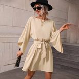 Womens Long Sleeve Dress Round Neck Elastic Waist A Line Skirt Elegant Style for Casual Occasion