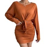 Batwing Sleeve Bodycon Dress Long Sleeve Round Neck Waist Tie Solid Color Winter Fashion for Par