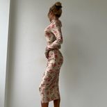 Fashionable Long Sleeve Bodycon Dress Unique Print Ruffled Design Sexy Silhouette Autumn Winter