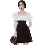 Square Neck Puff Sleeve Dress Slim Fit Lightweight Fabric Summer Casual Wear fast shipping