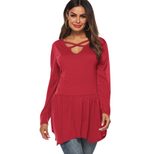 Womens Long Sleeve Cross Neck Solid Color Ruffle Hem T Shirt Casual Style Versatile Layering Who