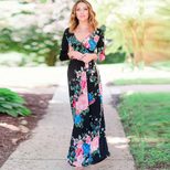 Floral Print Maxi Dress for Women V Neck Mid Waist Long Sleeve Spring Summer Casual Wear