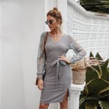 Lace Hollow Out Long Sleeve Knit Dress for Women Elegant Fit Casual Style Fall Winter Collection