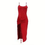 Sexy Ruched Drawstring Midi Dress with Side Slits Elegant Design Adjustable Fit Perfect for Part