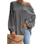 Womens Loose Fit Hollow Out Long Sleeve Top Solid Color Off Shoulder Asymmetrical Neckline Sprin