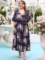 Plus Size Navy Blue Maxi Dress with Elastic Waist and Floral Print for Casual Wear Wholesale low MOQ