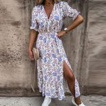Fashionable Floral Print Deep V Neck Short Sleeve Bodycon Dress for Women Casual Summer Wear