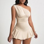 Elegant Womens Dress Asymmetrical Neckline High Waist Flared Hem Spring Summer Fashion Wholesale