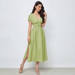 V Neck Backless Dress High Waist Solid Color Flared Skirt Spring Fashion for Women Wholesale Ava