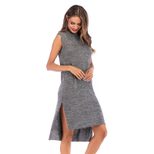 Sleeveless Split Hem Dress Round Neck Solid Color Mid Length Summer Casual Wear Wholesale Availa