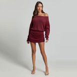 Elegant Off Shoulder Long Sleeve Bodycon Dress Slim Fit Asymmetrical Neckline Autumn Winter Styl