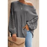 Womens Loose Fit Hollow Out Long Sleeve Top Solid Color Off Shoulder Asymmetrical Neckline Sprin