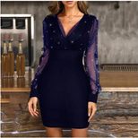 Mesh Panel Bodycon Dress with Shimmering Beads Elegant Evening Wear Perfect for Parties and Spec