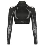 Off Shoulder Black Long Sleeve T Shirt for Women Sheer Mesh Cropped Fit Casual Wear