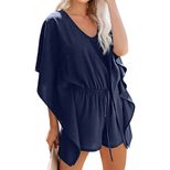 Solid Color Womens Jumpsuit V Neck Short Sleeve High Waist Loose Fit Casual Wear for Summer Whol