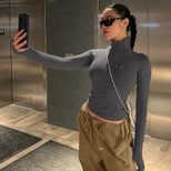 Slim Fit Half Turtleneck Long Sleeve Top Zipper Closure Lightweight Fabric Trendy Style Perfect