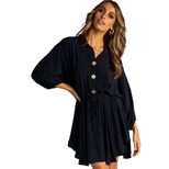 High Waist Pleated A Line Dress Long Sleeve Button Down Lapel Collar Knee Length Autumn Fashion