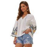 Embroidered V Neck Cotton Linen T Shirt for Women Casual Fit Short Sleeve Autumn Fashion