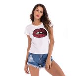 Womens Embroidered T Shirt Round Neck Short Sleeve Lip Design Summer Casual Wear Wholesale Avail