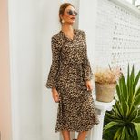 Leopard Print Long Sleeve Midi Dress for Women Casual Spring Summer Style Low MOQ