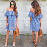 Embroidered Denim Dress Loose Fit Off Shoulder Ruffle Sleeve Spring Fashion Casual Wear Wholesal