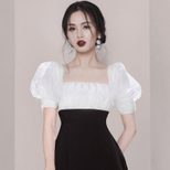 Square Neck Puff Sleeve Dress Slim Fit Lightweight Fabric Summer Casual Wear fast shipping