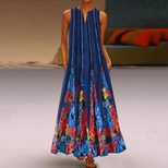 Vintage Floral Print Maxi Dress for Women V Neck Sleeveless Pocket Design Summer Casual Wear Who