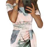 Floral Print Off Shoulder Dress for Women Short Sleeve High Waist Split Hem Summer Casual Wear