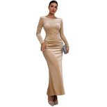 Chic Champagne Color Long Bodycon Dress Round Neck Back Tie Slim Fit Elegant Style Perfect for P