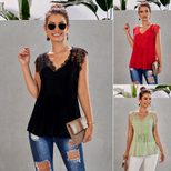 V Neck Lace Trim Pleated Top Regular Fit Elegant Design Versatile Style Wholesale Available OEM