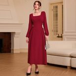 French Square Neck Burgundy Long Sleeve Dress Vintage Style Slim Fit Autumn Winter Wholesale Ava