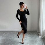 Black Plush Collar Long Dress for Women Slim Fit Side Slit Elegant Design Perfect for Autumn and