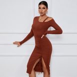 Womens Long Sleeve Dress Drawstring Side Slit Off Shoulder Autumn Winter Bodycon Style Wholesale