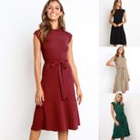 Womens Solid Color Tie Front Dress Fashionable Round Neck Short Sleeve Lightweight Fabric Spring