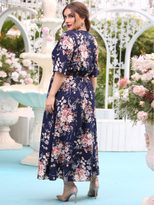 Plus Size Navy Blue Maxi Dress with Elastic Waist and Floral Print for Casual Wear Wholesale low MOQ
