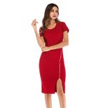 Womens Bodycon Pencil Dress Solid Color Short Sleeve Round Neck Zipper Closure Casual or Formal