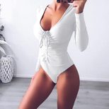 Deep V Neck Drawstring Triangle Jumpsuit Solid Color Knitted Stretch Fabric Casual Wear for Wome