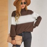 High Neck Lantern Sleeve Sweater Color Block Design Knitted Fabric Cozy Fit Autumn Winter Fashion Wholesale