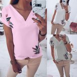 V Neck Short Sleeve Printed T Shirt for Women Casual Style Summer Wear OEM ODM service