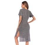 Womens Solid Color Midi Dress Short Sleeve Round Neck Side Slit Autumn Winter Fashion Wholesale