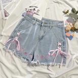 Japanese Style High Waisted Denim Shorts Blue Embroidered Frayed Hem Cute Loose Fit Summer Casua