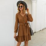 Womens Casual Solid Color Dress Elegant Fit Short Sleeve Round Neck Spring Summer Collection