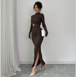 Slim Fit Long Sleeve Midi Dress Sexy Side Slit Waist Cutout Elegant Style Perfect for Autumn and