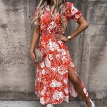 Fashionable Floral Print Deep V Neck Short Sleeve Bodycon Dress for Women Casual Summer Wear
