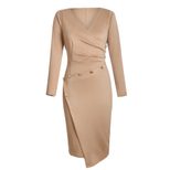Womens Mid Length Asymmetrical Dress V Neck Long Sleeve Trendy Design Perfect for Casual or Form